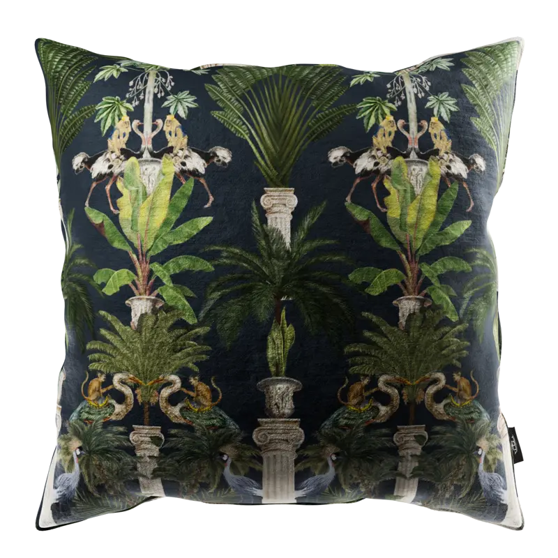 The Cushion Tropical columns (dark) is a square, velvety soft cushion with a dark backdrop and a symmetrical pattern of lush tropical plants, ornate columns, monkeys, and foliage in rich green and gold—ideal for mysterious, stylish interiors.