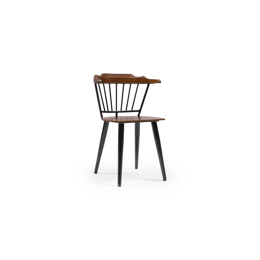 A black and brown pub chair with a hard backrest and seat, featuring a wooden top and black metal frame- Pub Wooden Dining Chair – Black Spindle Back