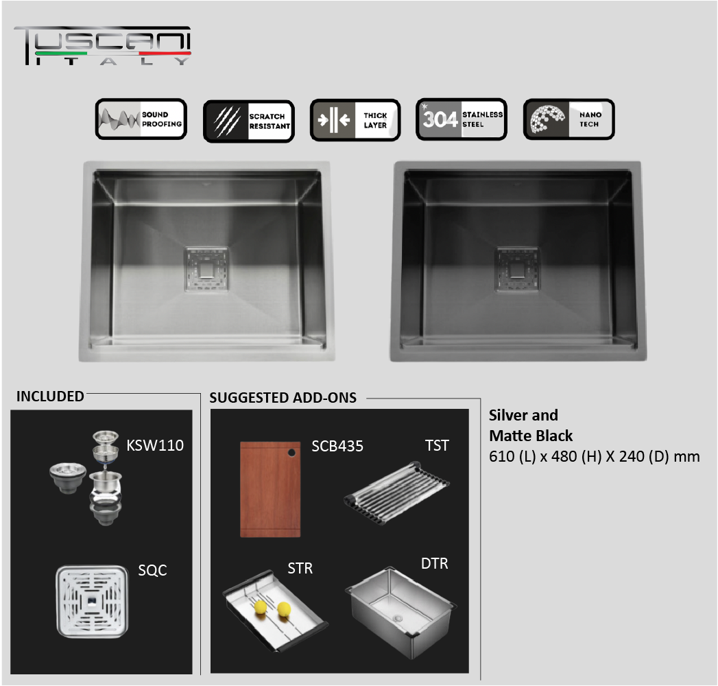 Q550NB | Q610NB - Square Under-Mount Kitchen Sink (Matte Black)
