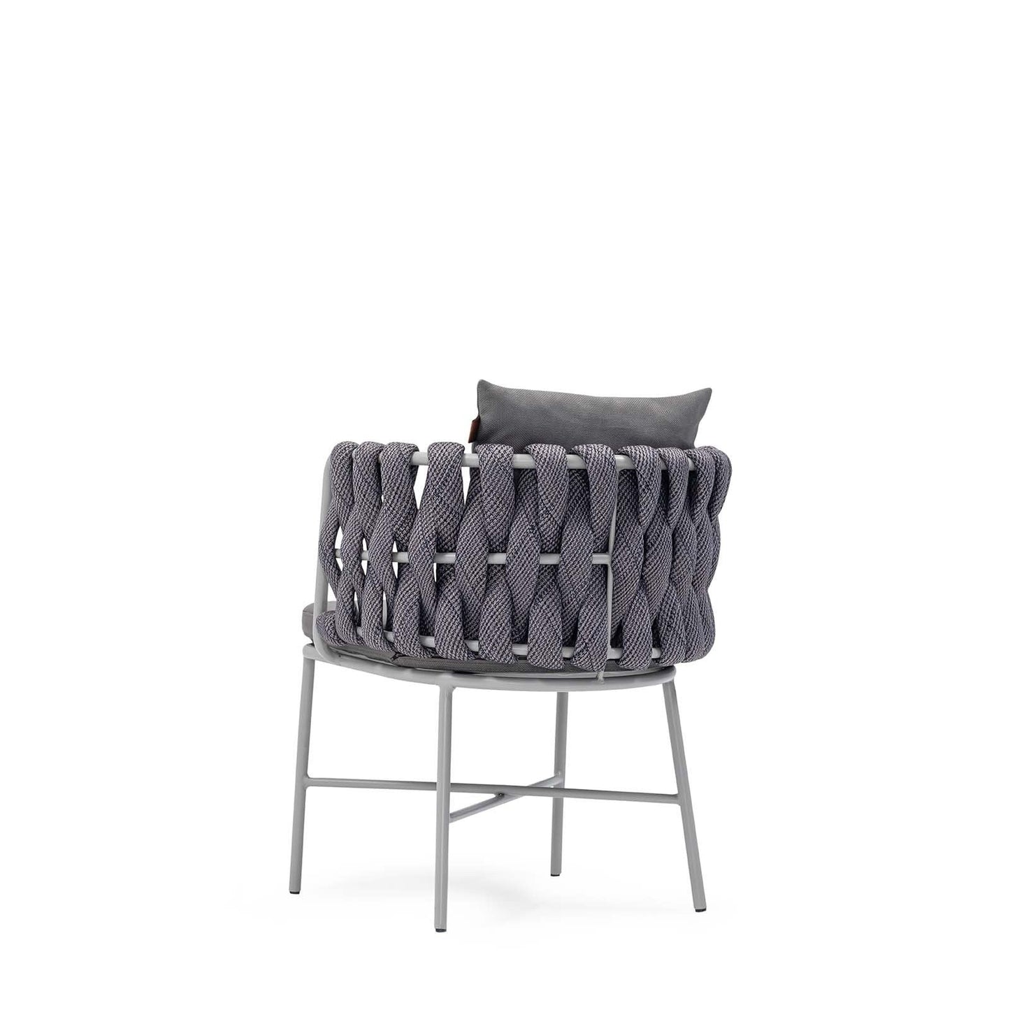 A modern gray upholstered slipper chair with a cushioned backrest and seat, featuring a minimalist design-Sancrea Merlin 631 – Rope-Wrapped Aluminium Dining & Accent Chair