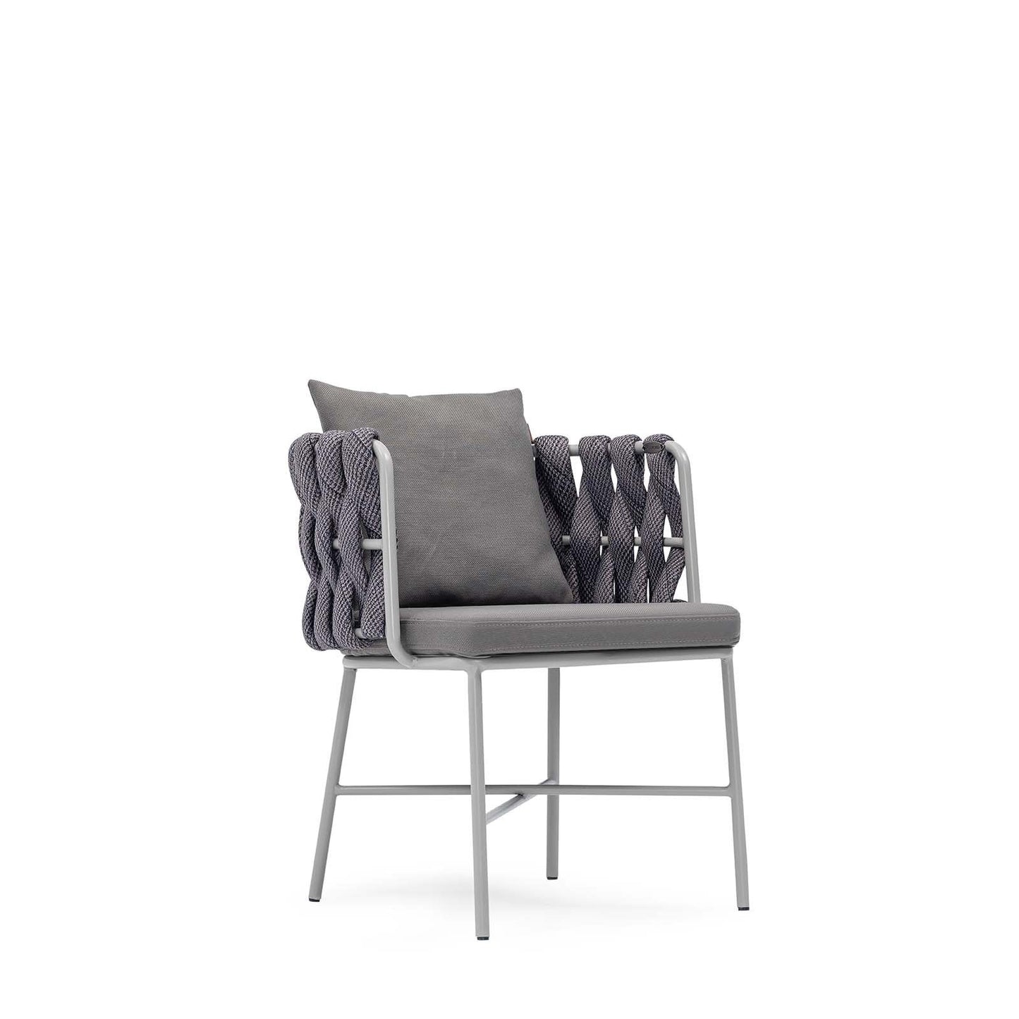 A modern gray upholstered slipper chair with a cushioned backrest and seat, featuring a minimalist design-Sancrea Merlin 631 – Rope-Wrapped Aluminium Dining & Accent Chair