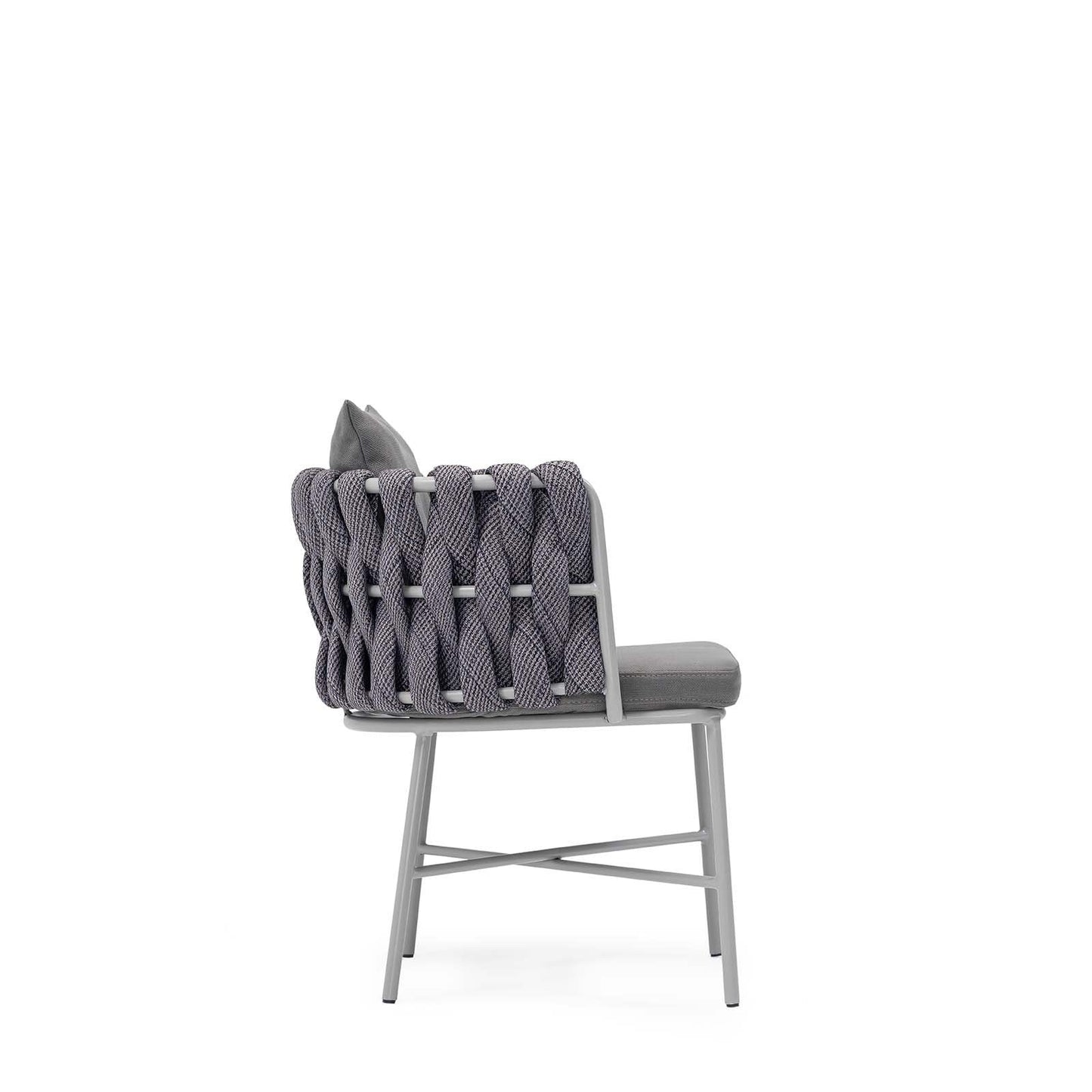 A modern gray upholstered slipper chair with a cushioned backrest and seat, featuring a minimalist design-Sancrea Merlin 631 – Rope-Wrapped Aluminium Dining & Accent Chair