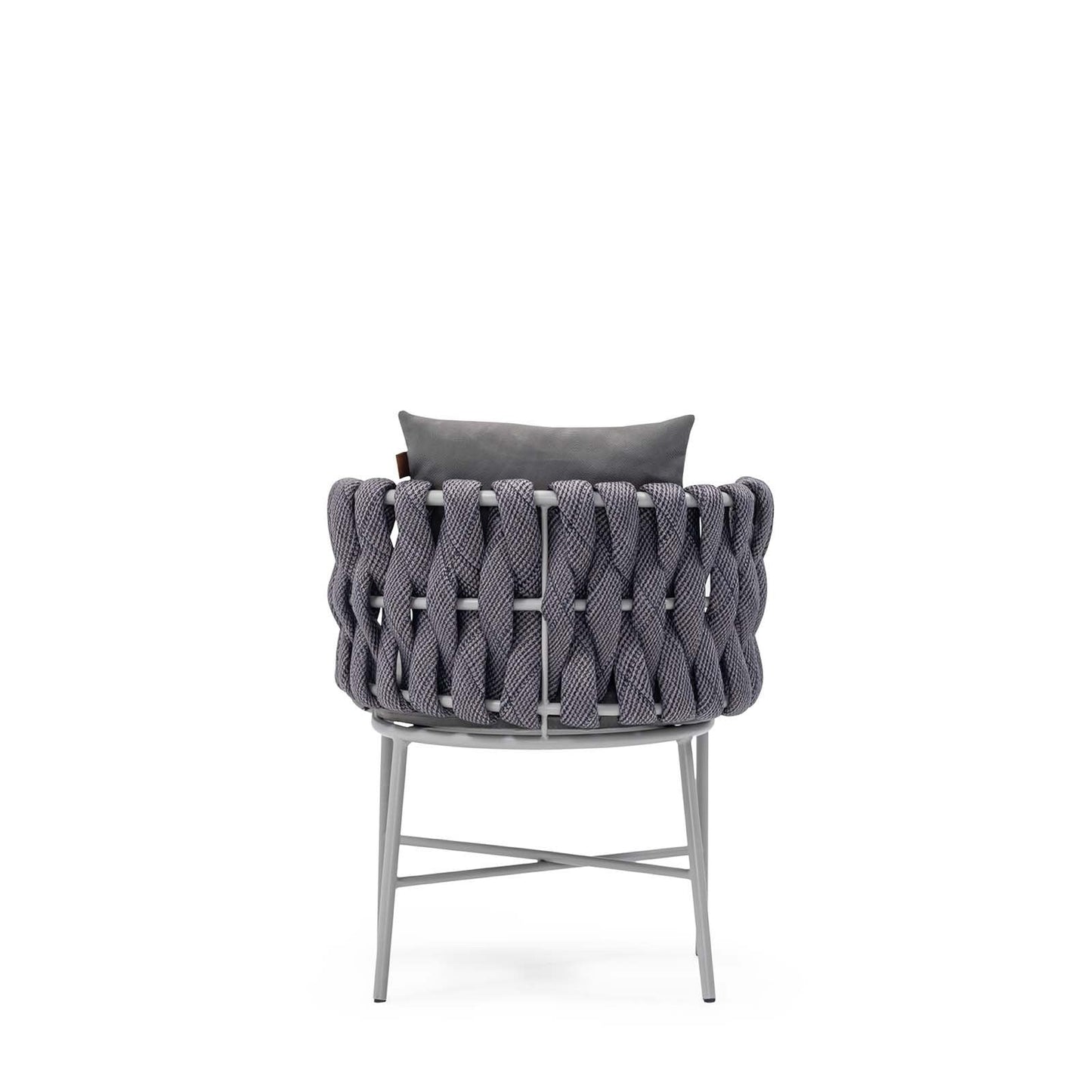 A modern gray upholstered slipper chair with a cushioned backrest and seat, featuring a minimalist design-Sancrea Merlin 631 – Rope-Wrapped Aluminium Dining & Accent Chair