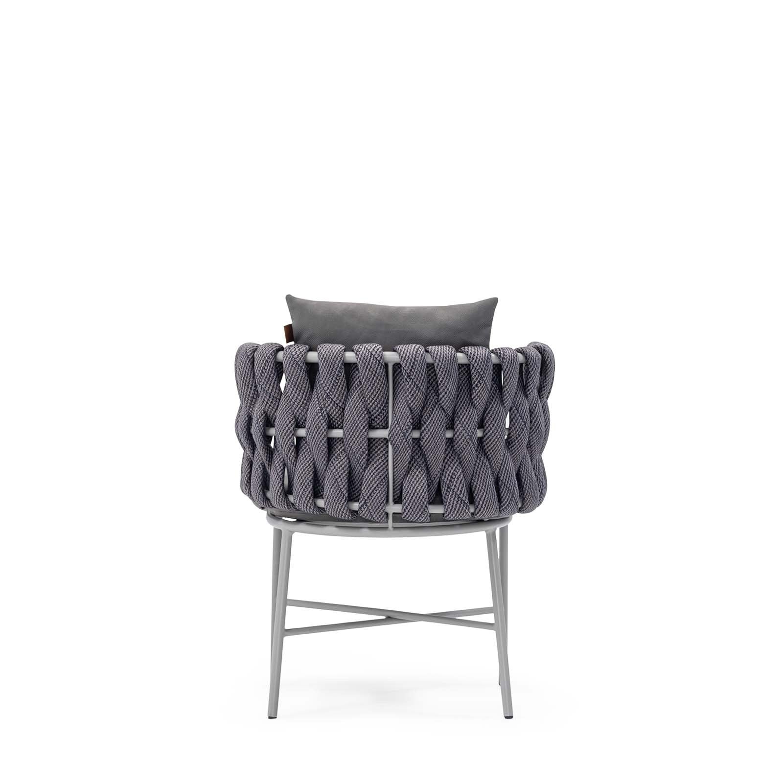 A modern gray upholstered slipper chair with a cushioned backrest and seat, featuring a minimalist design-Sancrea Merlin 631 – Rope-Wrapped Aluminium Dining & Accent Chair