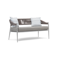 A modern gray sofa with two seat cushions, one with a striped pattern and the other with a solid color, alongside a sleek, gray frame and metal legs.- Sancrea Akdeniz 568 - Two Seater Rope- Black Aluminium Sofa
