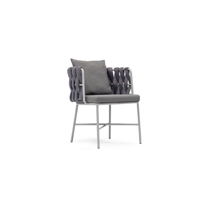 A modern gray upholstered slipper chair with a cushioned backrest and seat, featuring a minimalist design-Sancrea Merlin 631 – Rope-Wrapped Aluminium Dining & Accent Chair