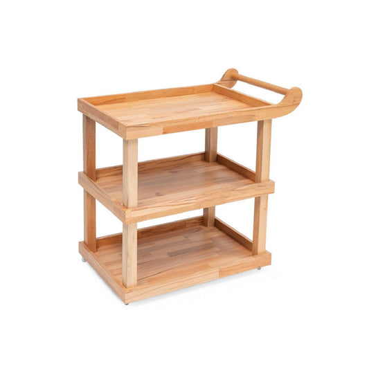 A wooden server with a single drawer and a lower shelf, featuring a curved handle on the drawer and a flat surface on top- Servis-1 Wooden Three-Tier Serving Cart – Natural Finish