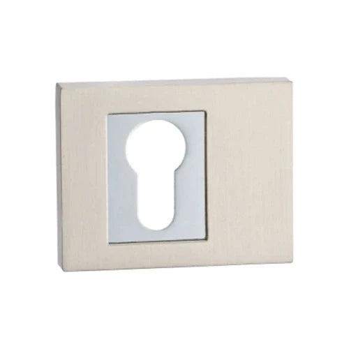 A square zinc escutcheon plate with a brushed finish and a central euro-profile keyhole cutout, designed for doors. Compatible with wood screws for secure installation.