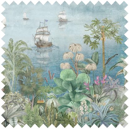 Fabric Paradise Shore showcases lush tropical plants in the foreground, three vintage sailing ships on calm blue water, and a zigzag cut border. Perfect for interior decor inspiration with its vibrant upholstery fabric look.