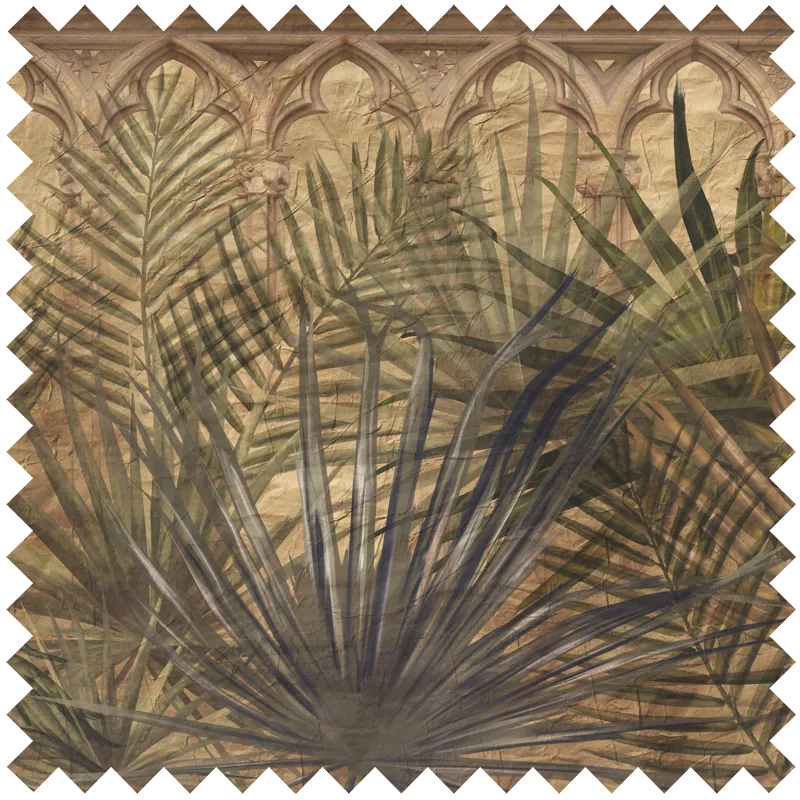 Fabric Sepian palms is a square swatch with jagged edges, featuring overlapping muted green palm leaves on an ornate, arched stone background with a vintage sepia tone—ideal for interior decor or unique upholstery fabric.