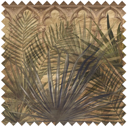 Fabric Sepian palms is a square swatch with jagged edges, featuring overlapping muted green palm leaves on an ornate, arched stone background with a vintage sepia tone—ideal for interior decor or unique upholstery fabric.