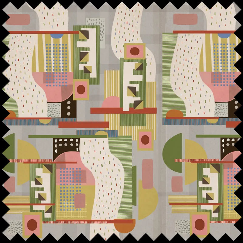 Fabric Creativite features an abstract geometric pattern with a zigzag black border. Symmetrical circles, rectangles, and wavy lines in muted pink, yellow, green, beige, and blue adorn a light gray background—ideal for velvet fabric or upholstery.