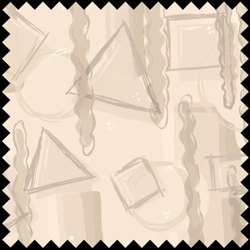 Fabric Dessin (Nude) features an abstract beige background with subtle geometric shapes and wavy vertical lines, styled like elegant upholstery and framed by a bold zigzag black border.
