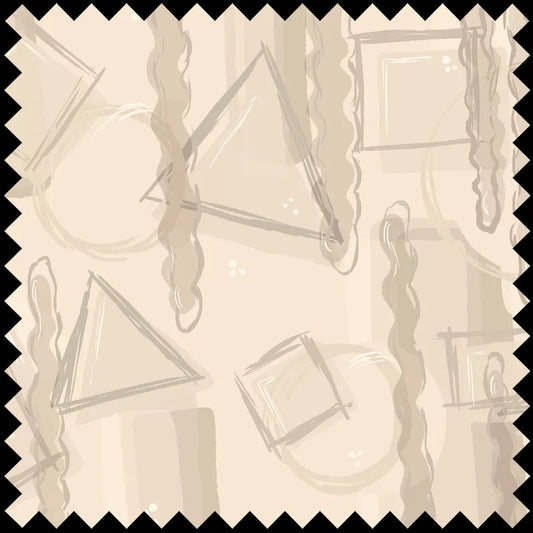 Fabric Dessin (Nude) features an abstract beige background with subtle geometric shapes and wavy vertical lines, styled like elegant upholstery and framed by a bold zigzag black border.