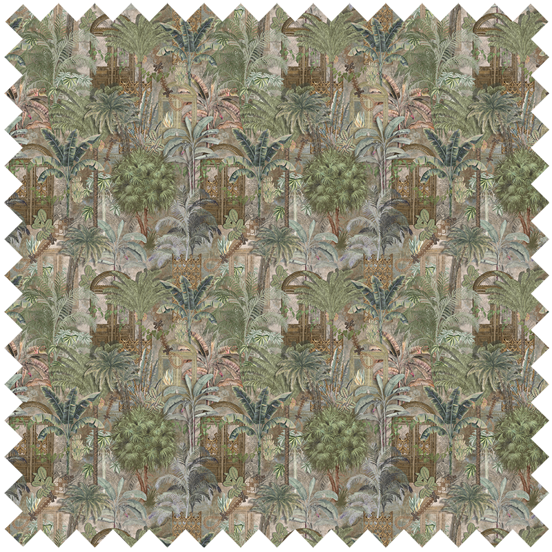 Fabric Jungle District Day is a square upholstery fabric swatch with zigzag edges, showcasing a dense tropical jungle pattern of overlapping palm trees and foliage in muted green, brown, and earthy tones.