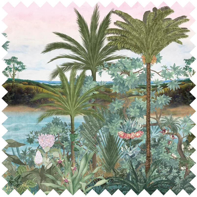 Fabric Dunia Garden features a tropical landscape with tall palm trees, lush foliage, blooming flowers by a calm river, and a pastel pink sky. Its zigzag border makes it ideal for drapery or vibrant upholstery in interior decor.