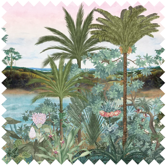 Fabric Dunia Garden features a tropical landscape with tall palm trees, lush foliage, blooming flowers by a calm river, and a pastel pink sky. Its zigzag border makes it ideal for drapery or vibrant upholstery in interior decor.