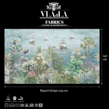 Fabric Paradise Shore by Vladila Fabrics is a 243x140 cm upholstery fabric featuring lush tropical plants, birds, and sailing ships on a calm blue sea—ideal for interior decor.