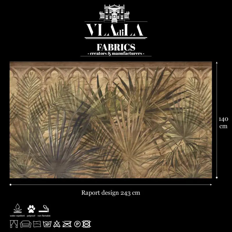 Fabric Sepian Palms is a decorative upholstery fabric panel with overlapping green and brown palm leaves on an ornate beige background, ideal for interior decor. It measures 243 cm x 140 cm, with care and fabric icons shown at the bottom.