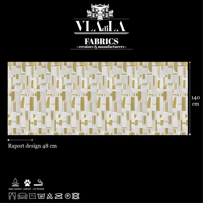 A rectangular sample of Fabric Bullocks Wilshire, featuring a beige and white geometric pattern for interior decor, is shown on a black background. Dimensions: 140 cm x 48 cm. Care symbols and the Vlada Fabrics brand are displayed.