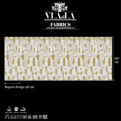 A rectangular sample of Fabric Bullocks Wilshire, featuring a beige and white geometric pattern for interior decor, is shown on a black background. Dimensions: 140 cm x 48 cm. Care symbols and the Vlada Fabrics brand are displayed.