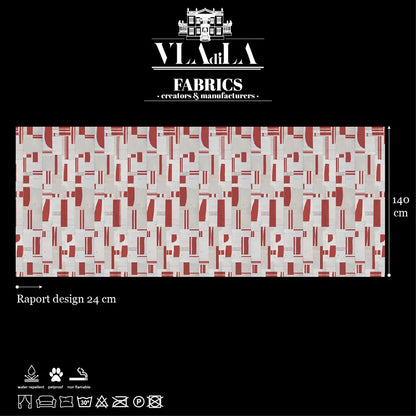 Rectangular Fabric Fairmont Peace sample with abstract red and gray geometric pattern, ideal for drapery or upholstery, 140 cm x 24 cm. VLA di LA Fabrics logo and text are above; fabric feature icons are shown below.