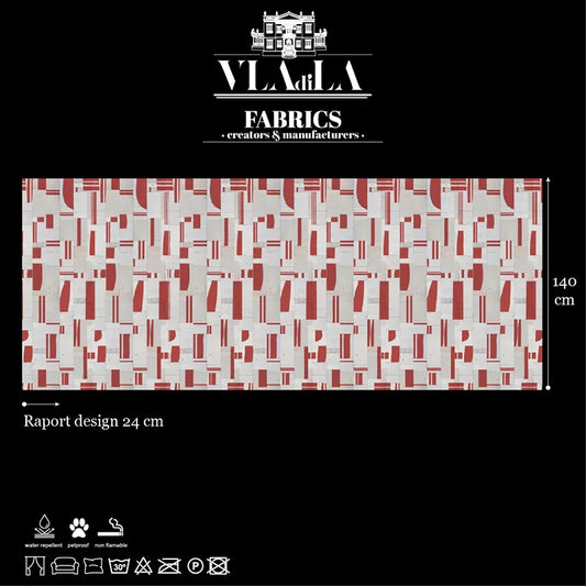 Rectangular Fabric Fairmont Peace sample with abstract red and gray geometric pattern, ideal for drapery or upholstery, 140 cm x 24 cm. VLA di LA Fabrics logo and text are above; fabric feature icons are shown below.