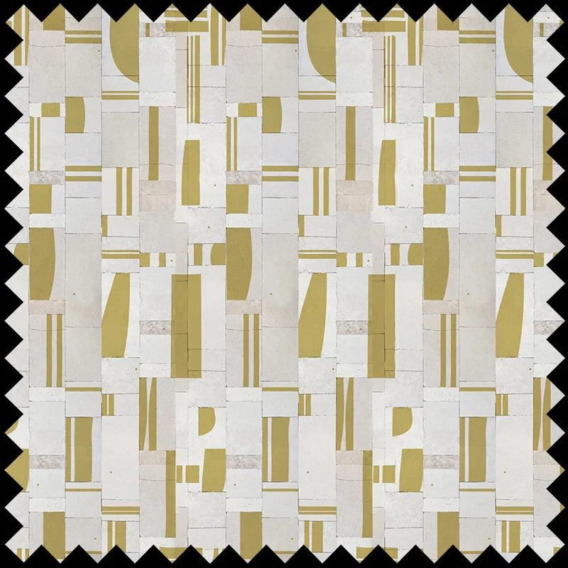 Fabric Bullocks Wilshire features a geometric design of overlapping rectangles and curved forms in beige, white, and olive green, bordered by a zigzag black edge—perfect for interior décor or upholstery base cloth.
