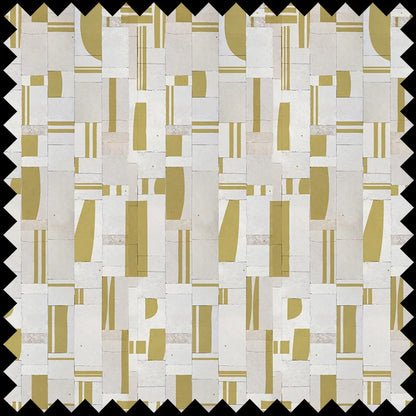 Fabric Bullocks Wilshire features a geometric design of overlapping rectangles and curved forms in beige, white, and olive green, bordered by a zigzag black edge—perfect for interior décor or upholstery base cloth.