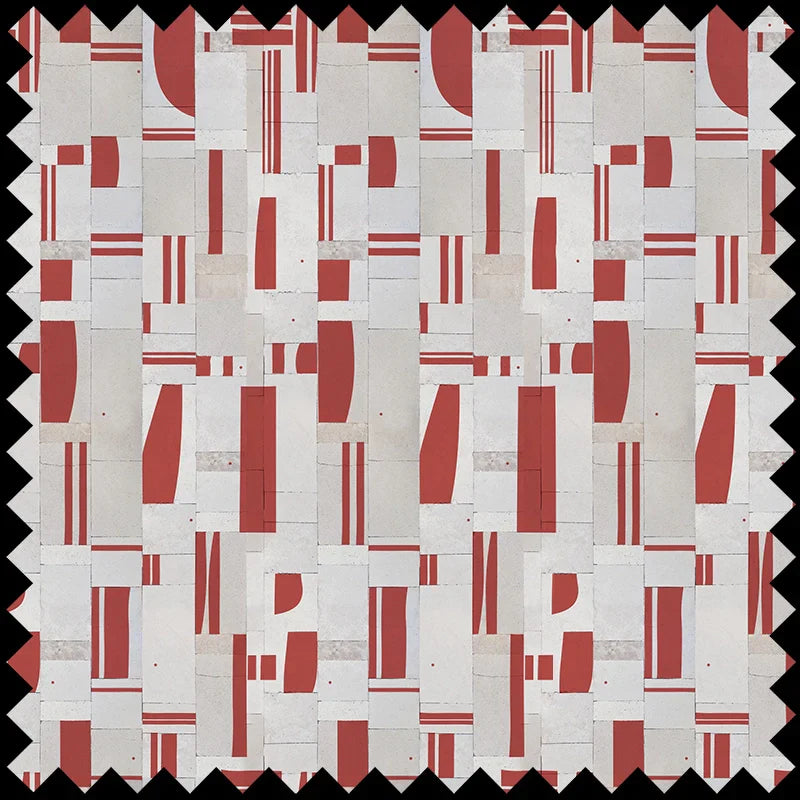 Fabric Fairmont Peace features a geometric abstract pattern with red and white rectangles and lines on a tiled background, edged by a jagged black zigzag—ideal for making bold upholstery or drapery statements.
