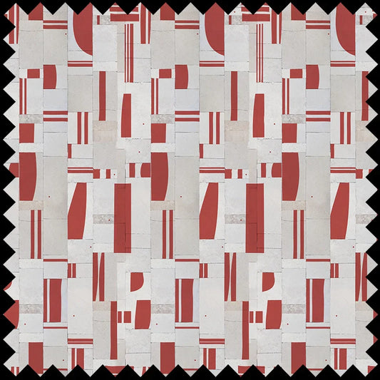 Fabric Fairmont Peace features a geometric abstract pattern with red and white rectangles and lines on a tiled background, edged by a jagged black zigzag—ideal for making bold upholstery or drapery statements.